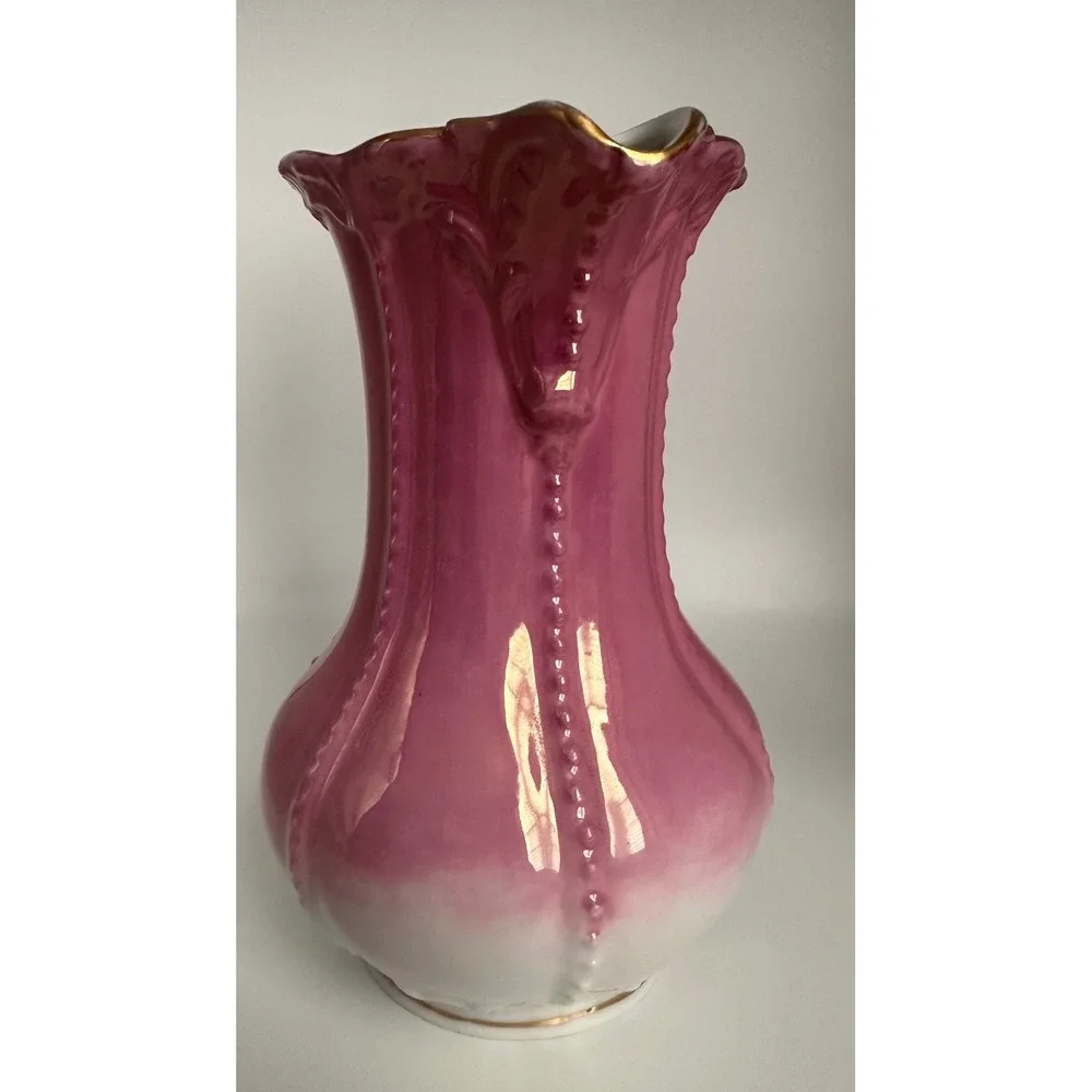 VTG Pink Ombre Porcelain Pitcher Gold Gilded Ornate Handle Mold 6975‎ Victorian